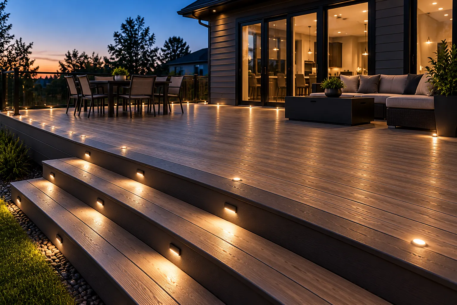 Deck Lighting on a home at night