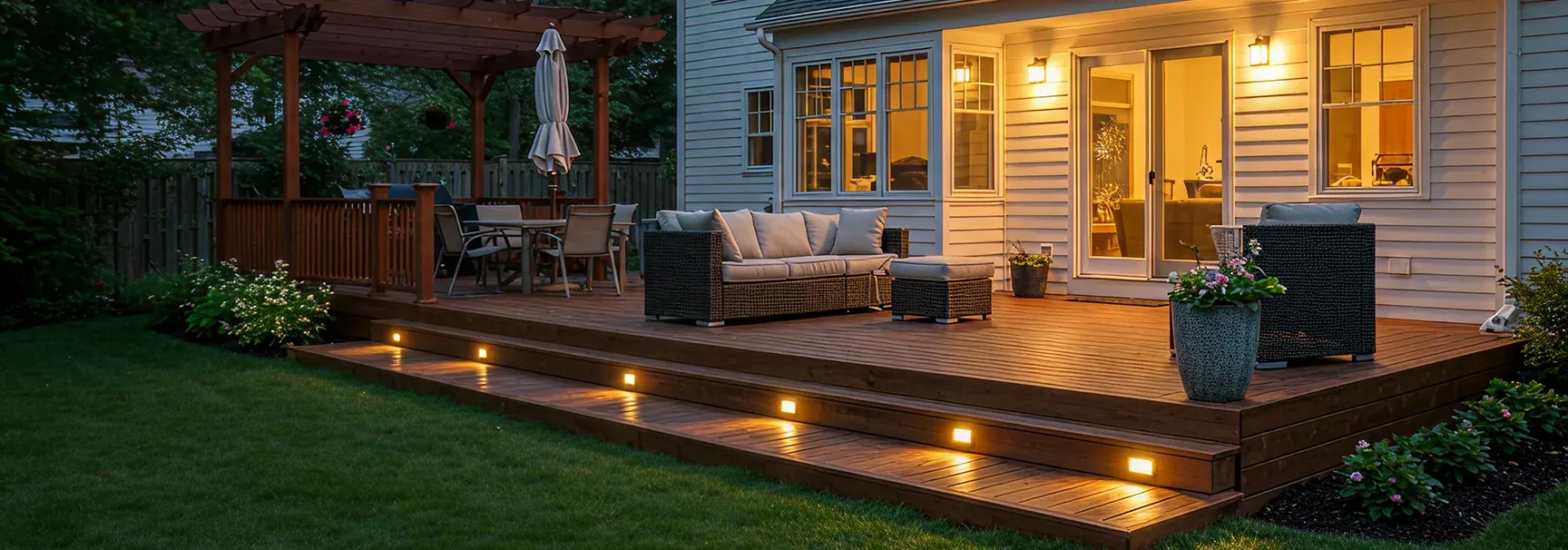 Deck Lighting installed on a home at night