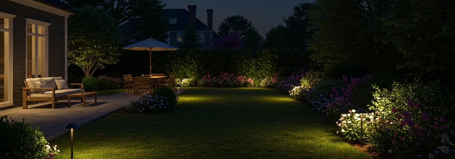 A home and its landscaping lit at night by permanent LED fixtures