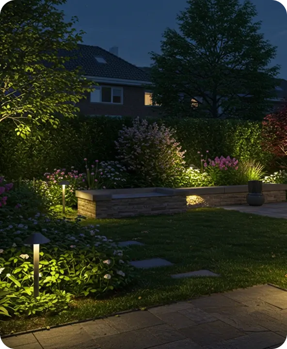 Landscape Lighting installed on a home at night — example 12